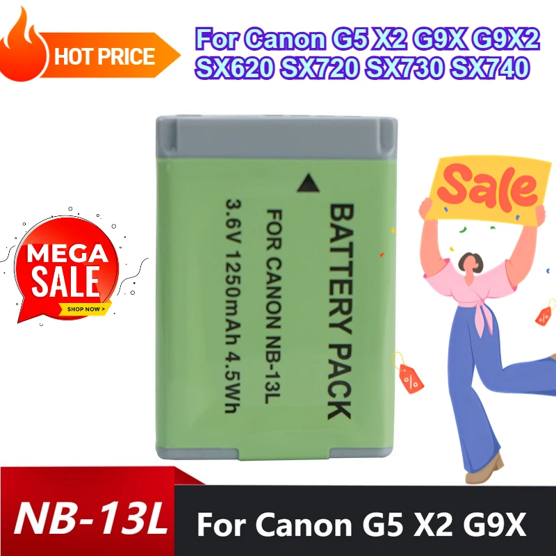 

7.4V 1600mAh NB-13L Battery for Canon Cameras G5 X2 G9X G9X2 SX620 SX720 SX730 SX740 Battery