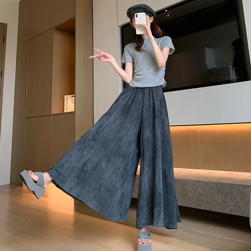 High Waist Wide Leg Ice Silk Skirt Pants Casual Loose Fit Dyed Pocket Design Summer Fashion Ladies Korean Style Polyester Fiber