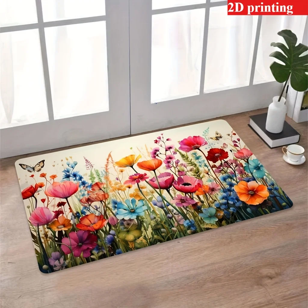 2D Flat Wildflowers Butterfly Meadow Watercolor Art Flannel Door Mat Non Slip Nature Spring Rug For Entryway Bedroom Floor Decor