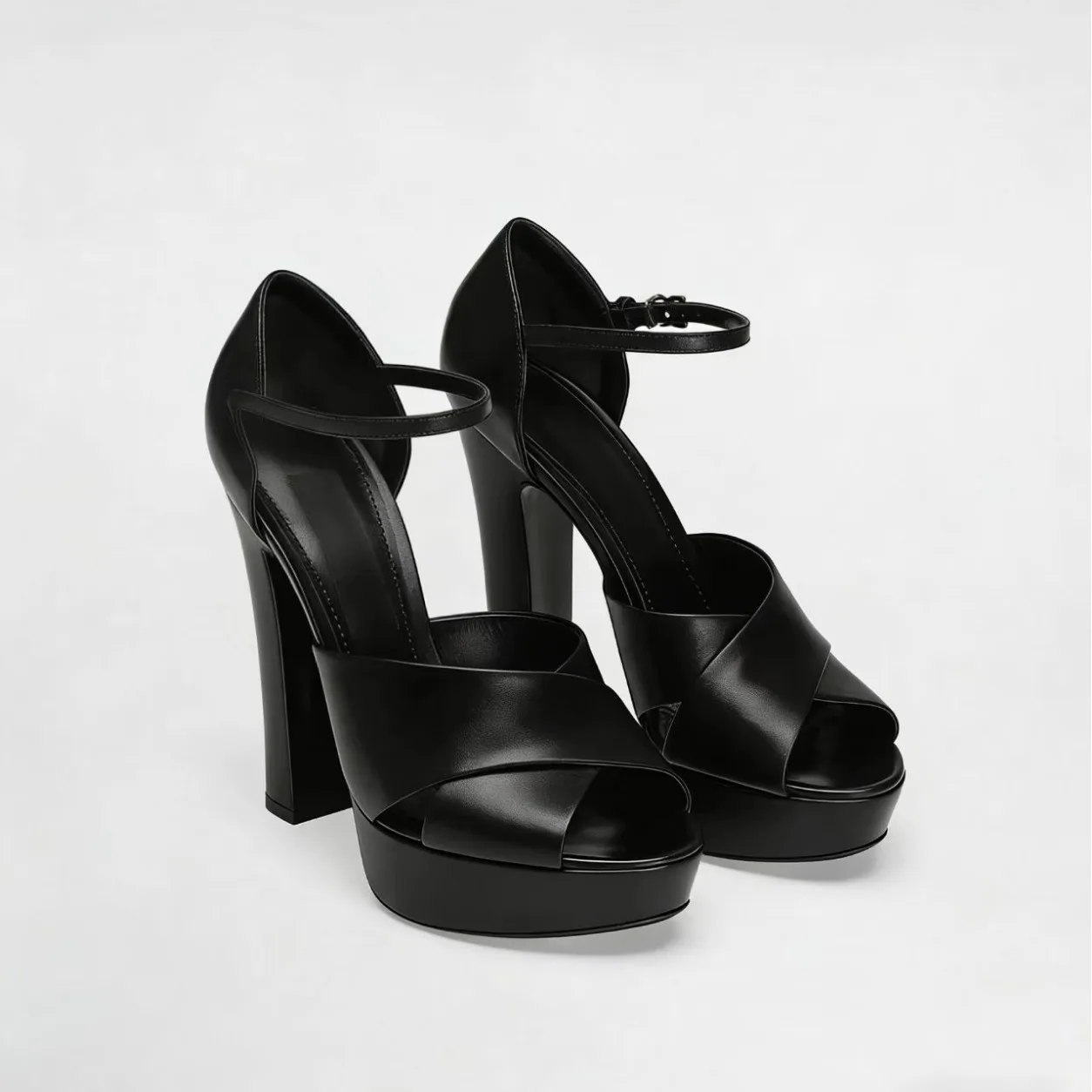 2026 Spring/Summer New Women Black Elegant Peep-Toe High Heels Chunky Heel Ankle Buckle Strap Platform Minimalist Evening Pumps
