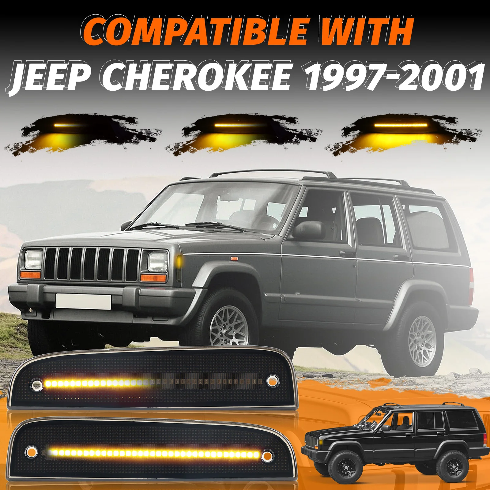 Dynamiczne przednie światła obrysowe LED z przydymioną soczewką Bursztynowy lewy i prawy kierunkowskaz do Jeep Cherokee 1997 1998 1999 2000 2001