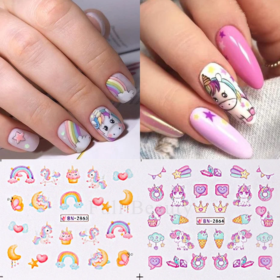 12 Designs Pink Unicorn Water Transfer Slider Rainbow Horse Ice Cream Heart Cartoon Anime Nail Sticker Polishing Nail Decoration