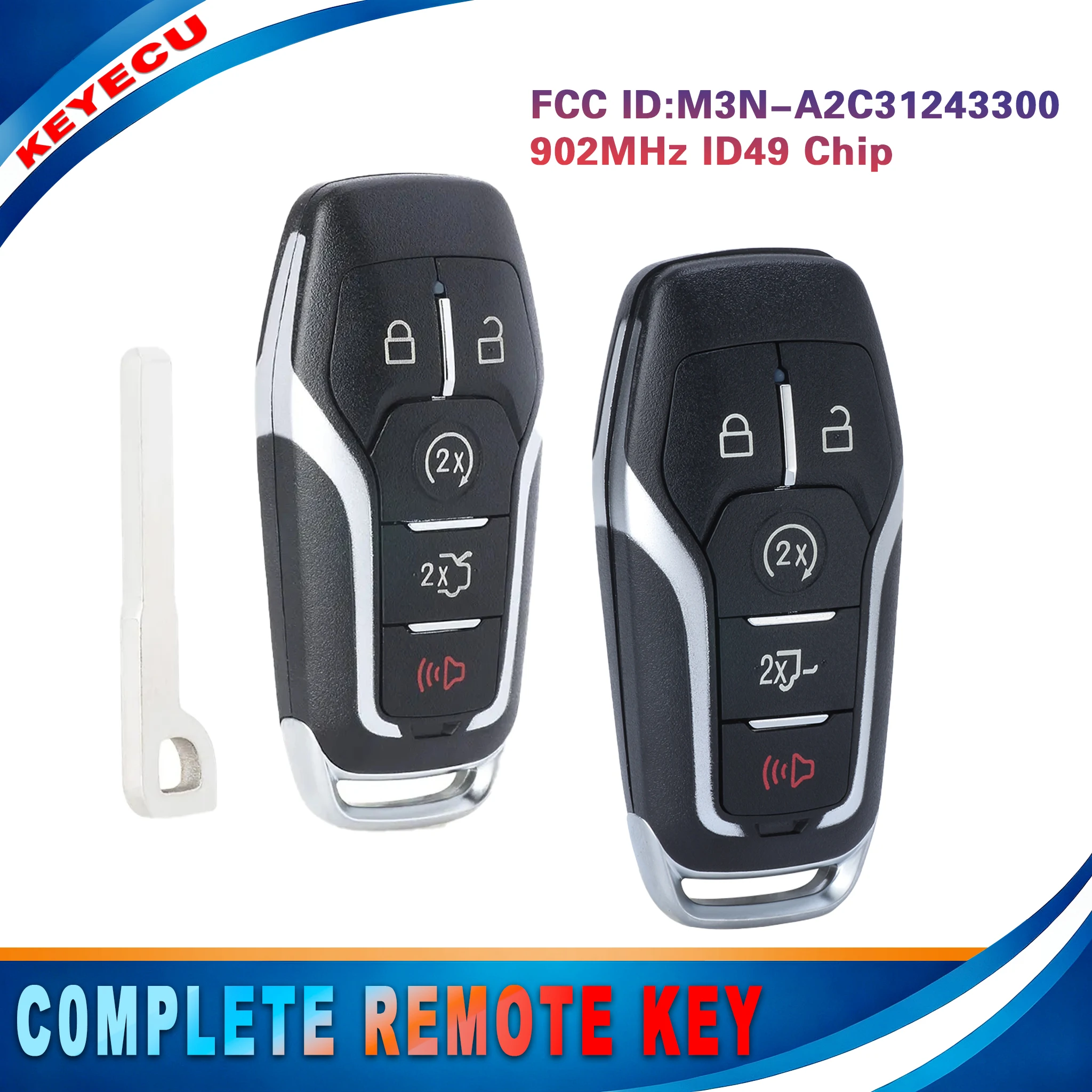 KEYECU for Ford Explorer Edge Fusion Mustang 2015+ Smart Proximity Key Fob M3N-A2C31243300 164-R789 164-R8117 902MHz ID49 Chip