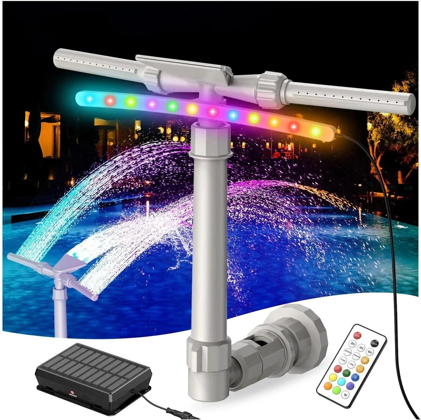 

Solar Pool Fountain 9-Color LED Lights, Dual-Head Adjustable Waterfall Sprinkler