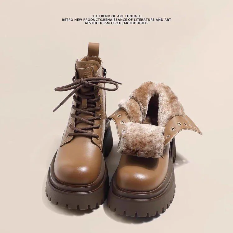 Snow Boots For Women  Female Shoes Winter Footwear Boots-Women Plush Round Toe Flat Heel Leather Lolita Ladies Med 2025 Fur
