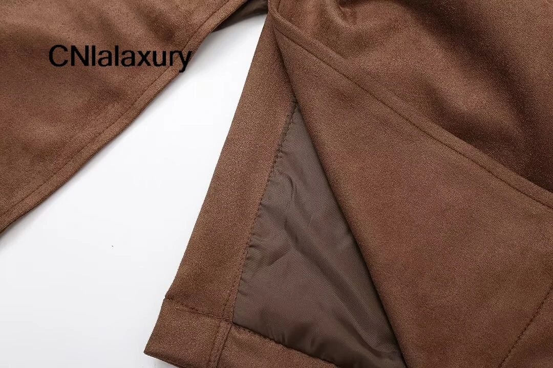 Elegant Suede Leather Chocolate Belt Long Coat Fashion Double Button Lapel Oversize Jacket Fashion New Autumn Street Windbreaker