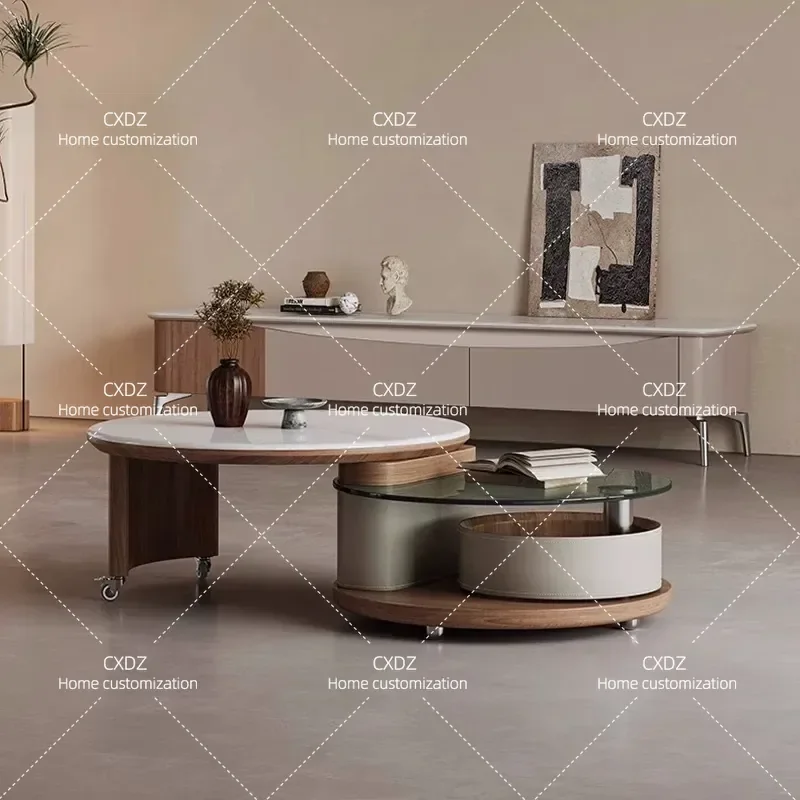 Retro Rotating Coffee Table Microcrystalline Stone Multifunctional Living Room Center Table for Small Apartment Home Decor