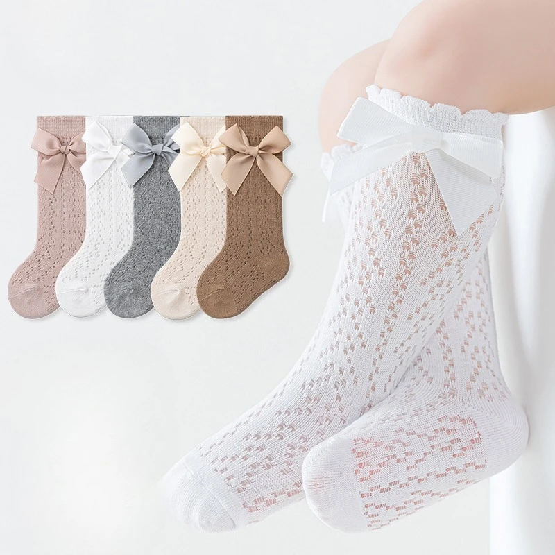 

Summer Baby Knee High Socks Kids Girls Boys Bow Long Sock Soft Cotton Mesh Breathable Children Hollow Out Socken 1-3 Years Old