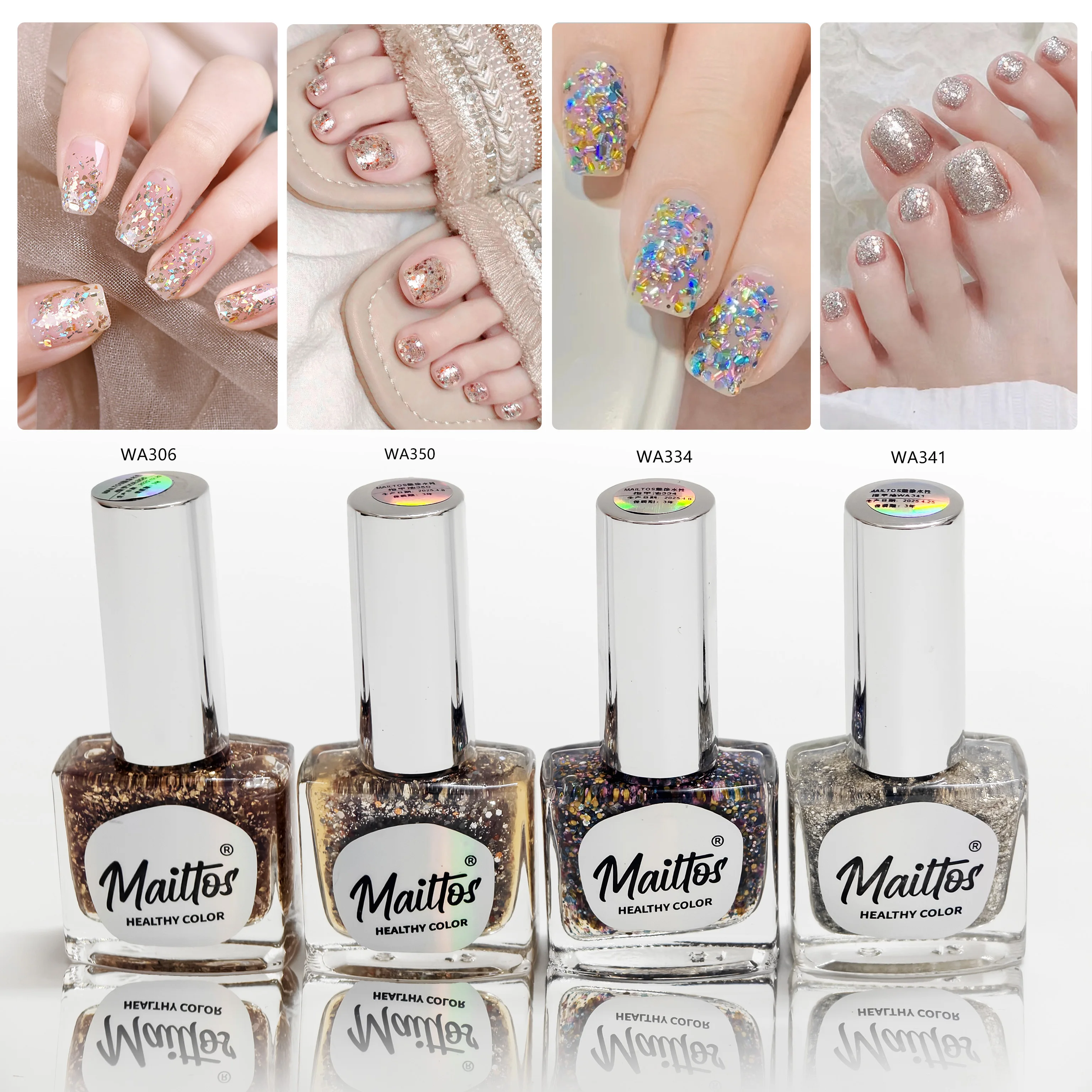 

12mlx4 [306/334/341/350] Stardust Sparkle Collection, Water-based Nail Polish, Oderless, dry quickly, No need lamp, easy tear