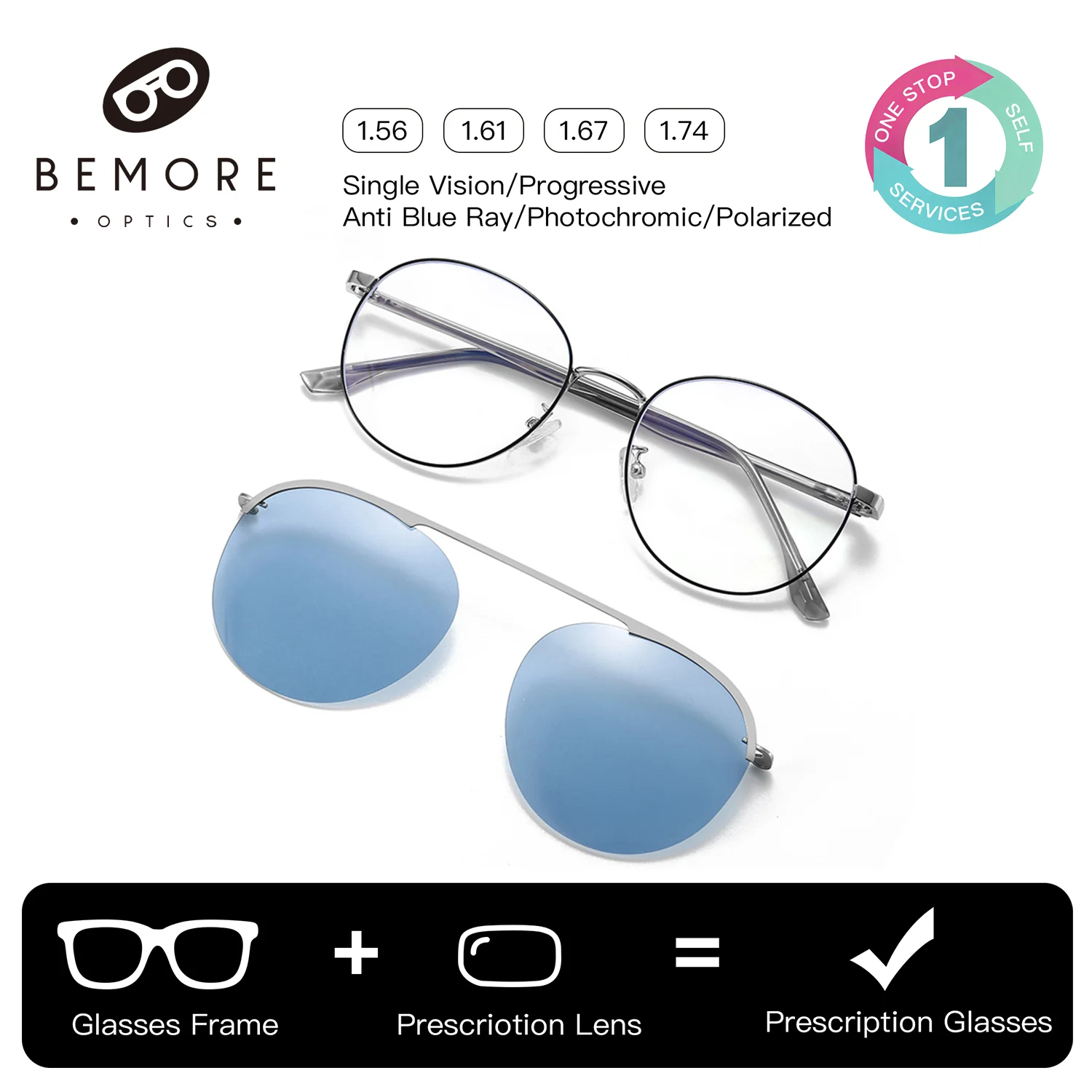 

BEMORE Round Progressive Multifocal Glasses Clip on Polarized Prescription Sunglasses Unisex Anti-Blue Ray Prescription Eyewear
