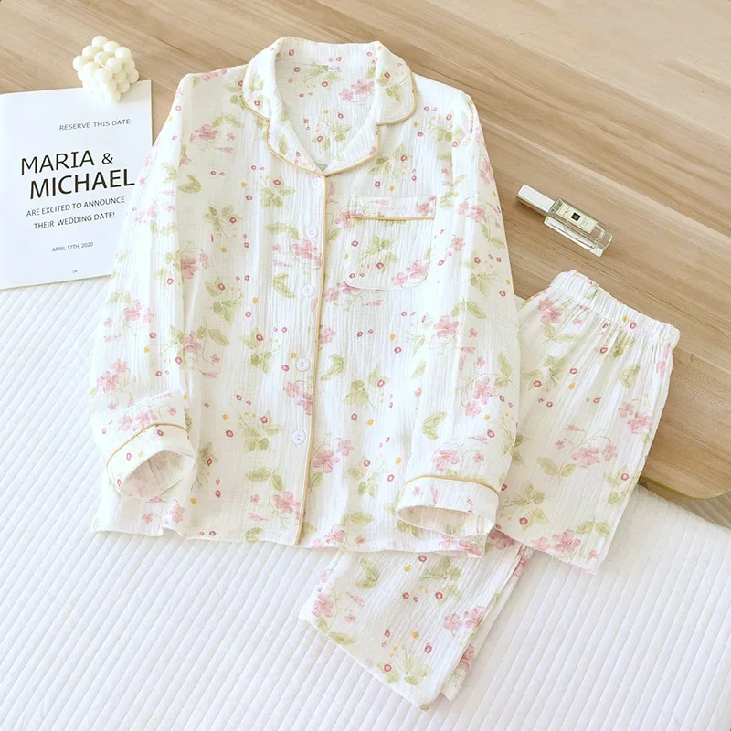 

2025 Spring and Autumn New Women's Pajama Set 100% Cotton Crepe Long Sleeve Long Pants Two Piece Home Clothes Sleepwear Ladies