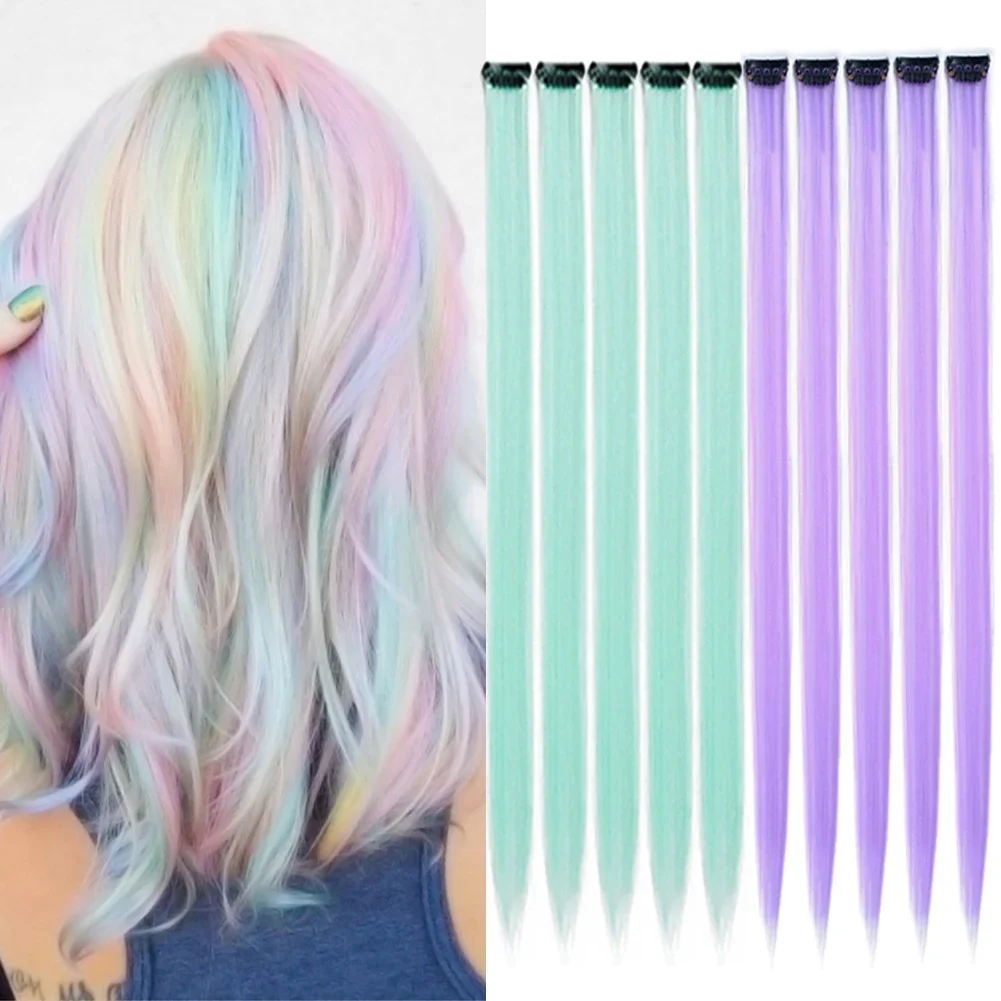 

Synthetic 10 Pcs Straight Hair Extensions Clip in Hairpieces 22 Inch Hightlight Colorful Hair for Women Party Cosplay Gifts