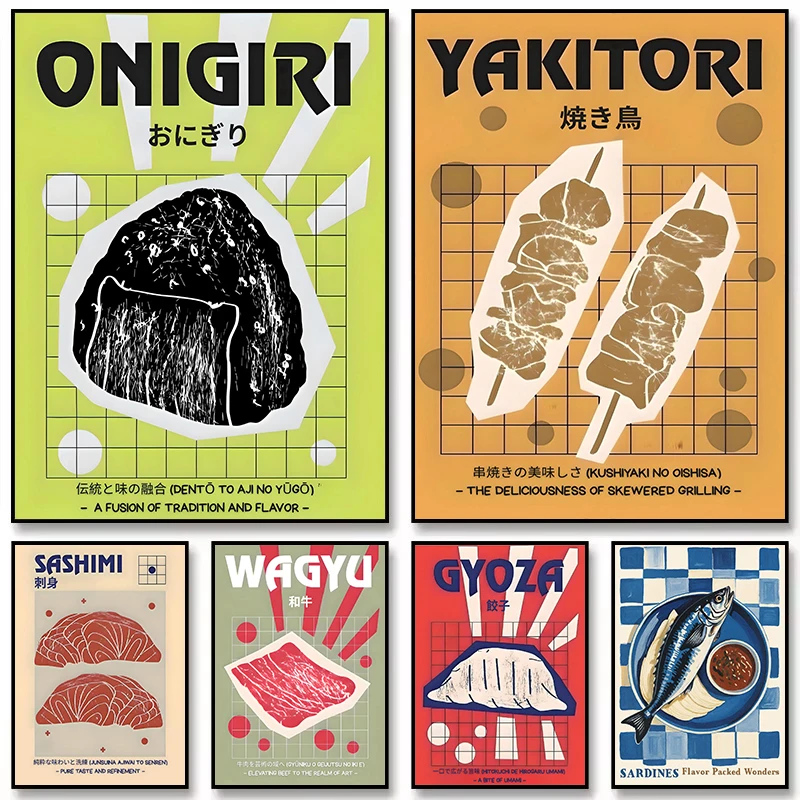 Póster de comida de cocina japonesa abstracta Retro, Sushi, Wagyu, Gyoza, Sashimi, pintura en lienzo, imagen de pared, decoración de cocina para el hogar