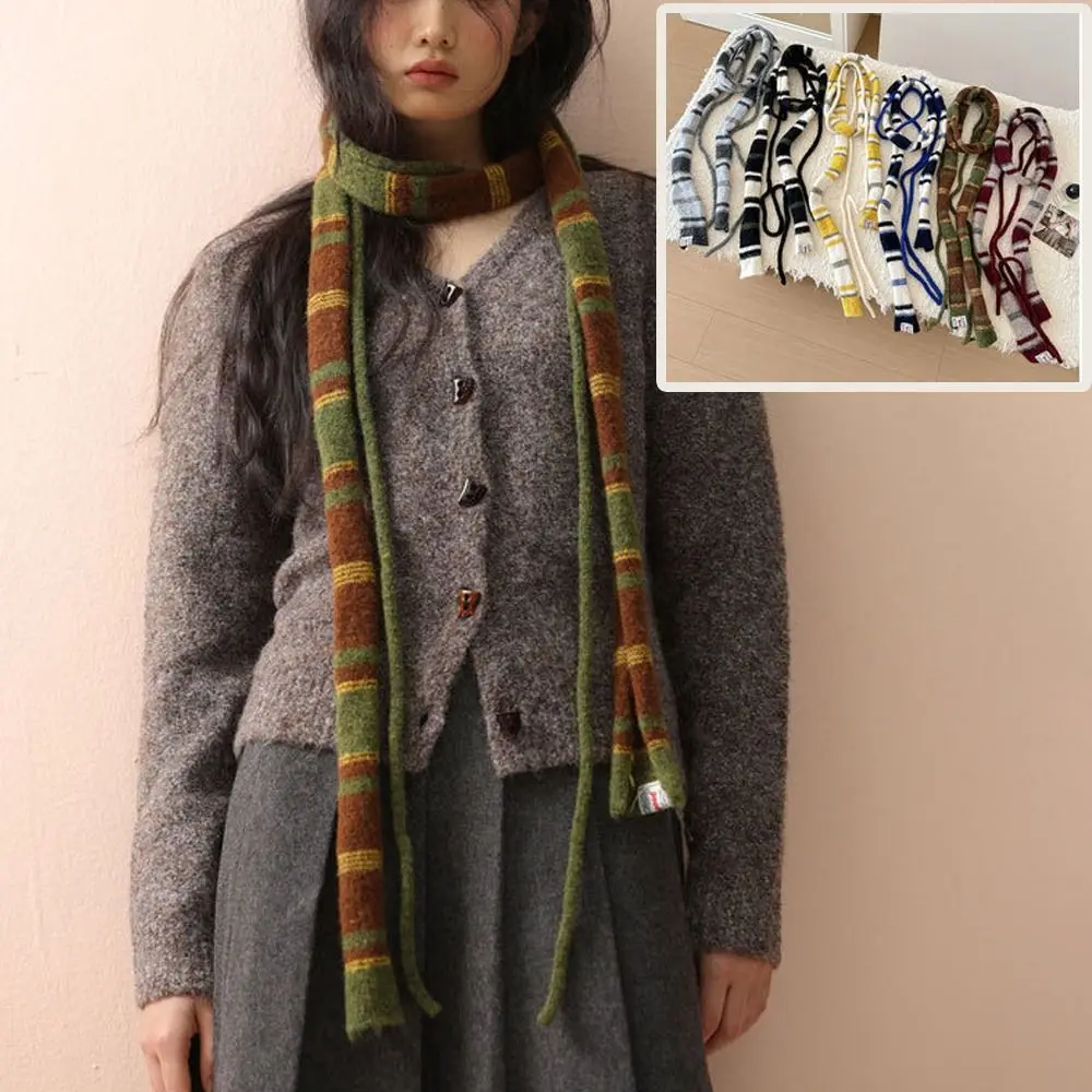 

Шерстяной шарф в корейском стиле в полоску, тонкий теплый вязаный шарф на шею, вязаный шарф Y2K для девочек для женщин и мужчин