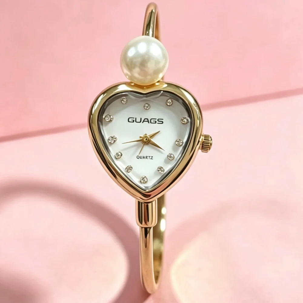 Creative Heart-shaped Dial Pearl Watch Open Design Elegant Bracelet Watch Gift Luxury Wristwatch for Women