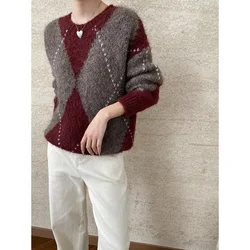 Medieval art color matching lazy contrasting diamond loose round neck sweater