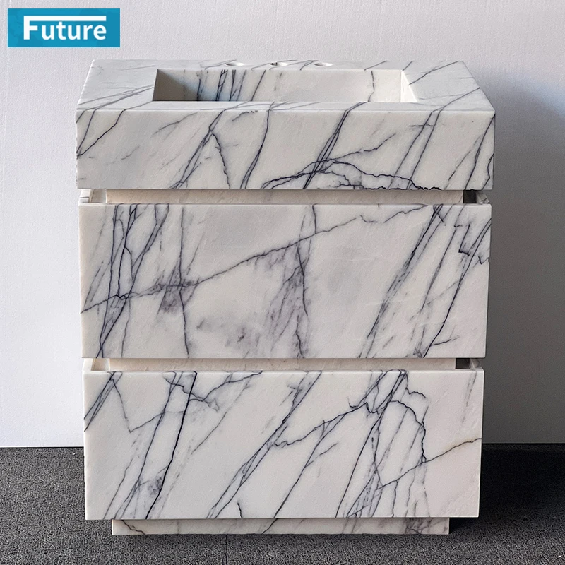 Luxury Modern Natural Stone White Lilac Marble Wash Basin Sink Bathroom Vanity with Two Cabinets Drawers for Hotel Villa