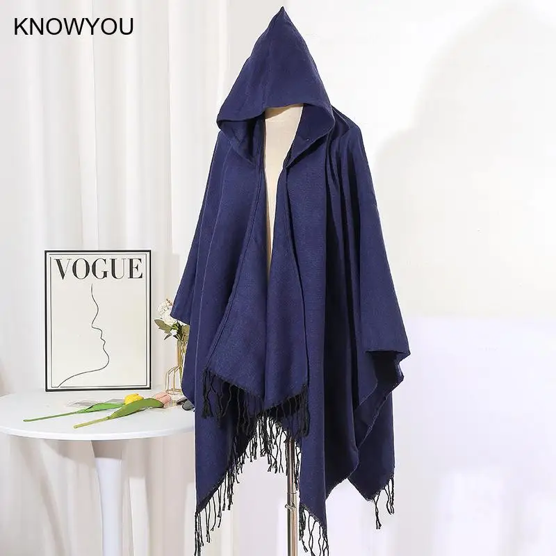 Black Warm Cashmere Blend Ponchos Male Winter Autumn Oversized Shawl Tassel Wraps Male Cloak Hooded Coat Thicken Pashmina