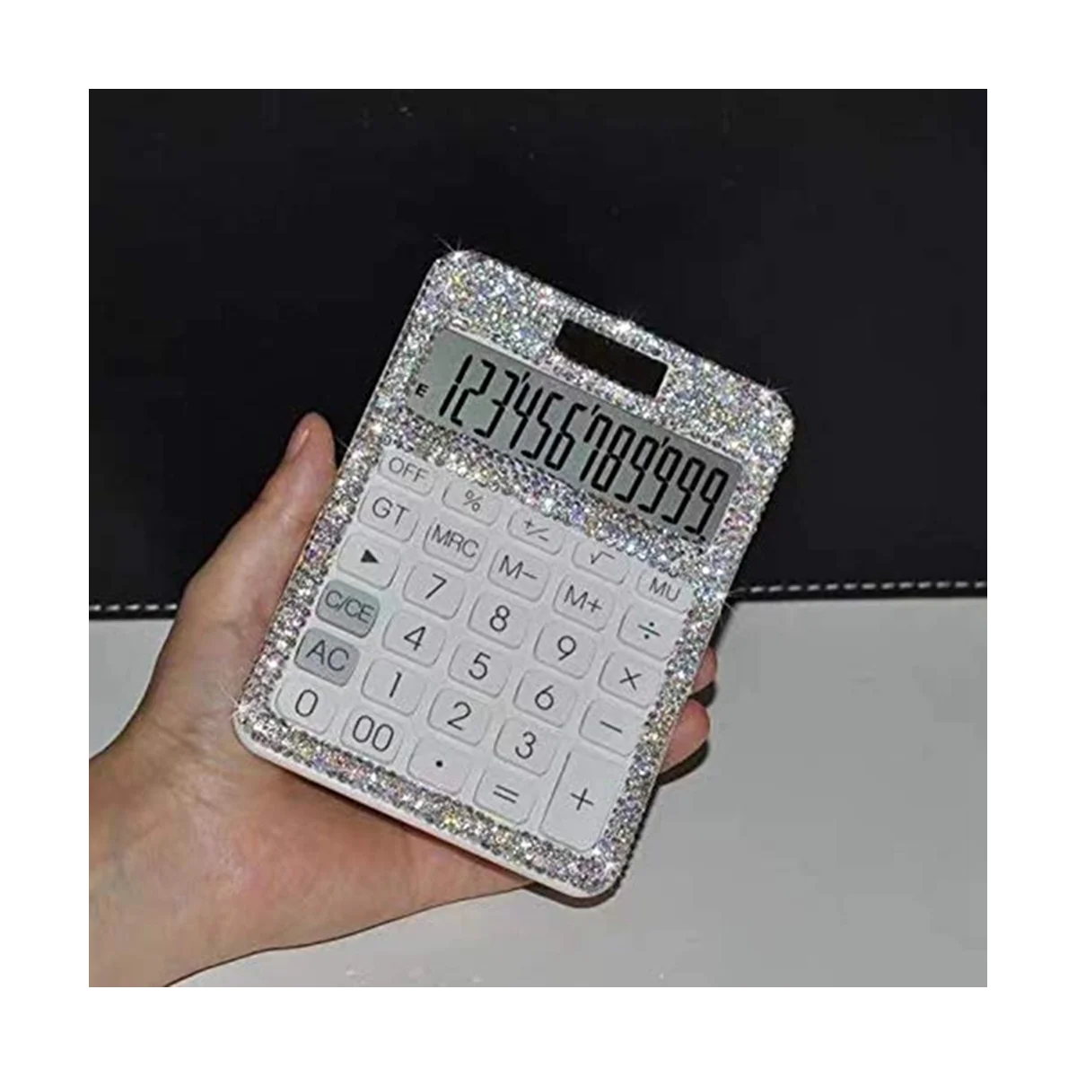 Rhinestone Crystal Dazzling 12 Digit Solar and Battery Dual Power ,LCD Display Calculator for Office, School White