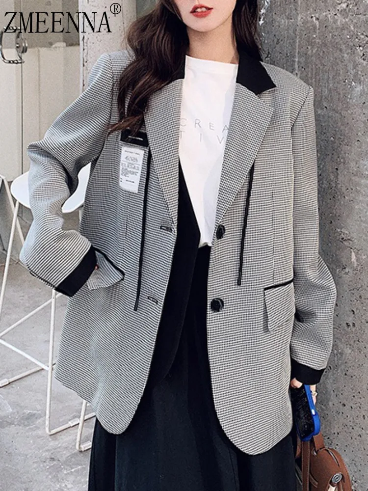 

ZMEENNA Classic Grey Houndstooth Blazer For Women With Two Button Closure Stylish Office And Casual Jacket ZM4148