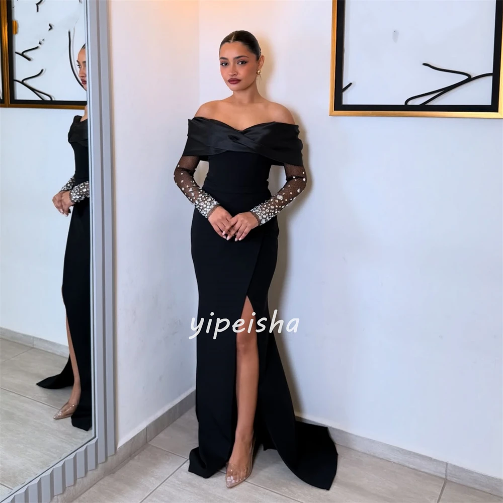 تخصيص الطراز الحديث أنيقة جيرسي حجر الراين Ruched حورية البحر خارج على الكتف فساتين طويلة مخصصة فساتين المناسبات الموضة