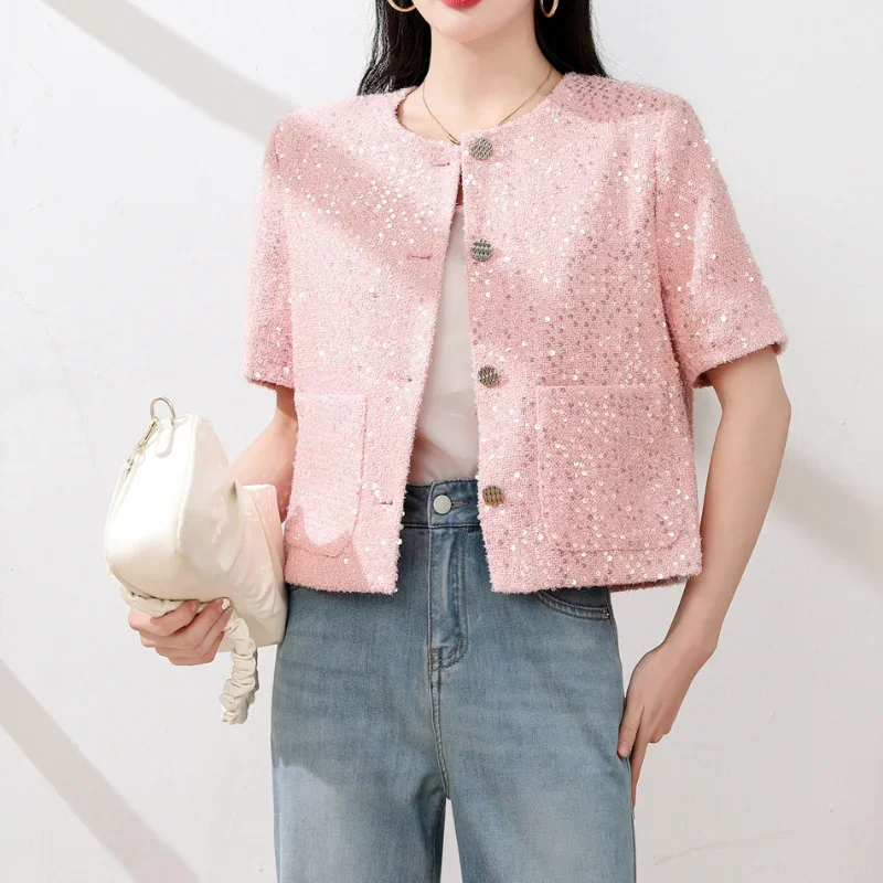 

Women Round Neck Sequined Tweed Small Fragrance Coat High Quality Korean Elegant Chic Wild Shiny Short Sleeve Jacket Summer 1374