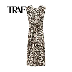 TRAF 2024 Summer New Women's Fashion Slim Fit Folded Waist Round Neck Sleeveless Midi Leopard Pattern Dress