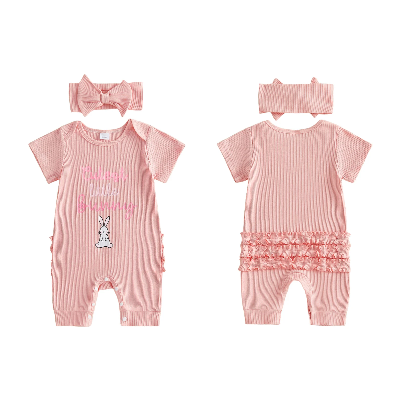 

Baby Girls Easter Clothes, Short Sleeve Rabbit Letters Print Jumpsuit with Headband Summer Casual Outfit
