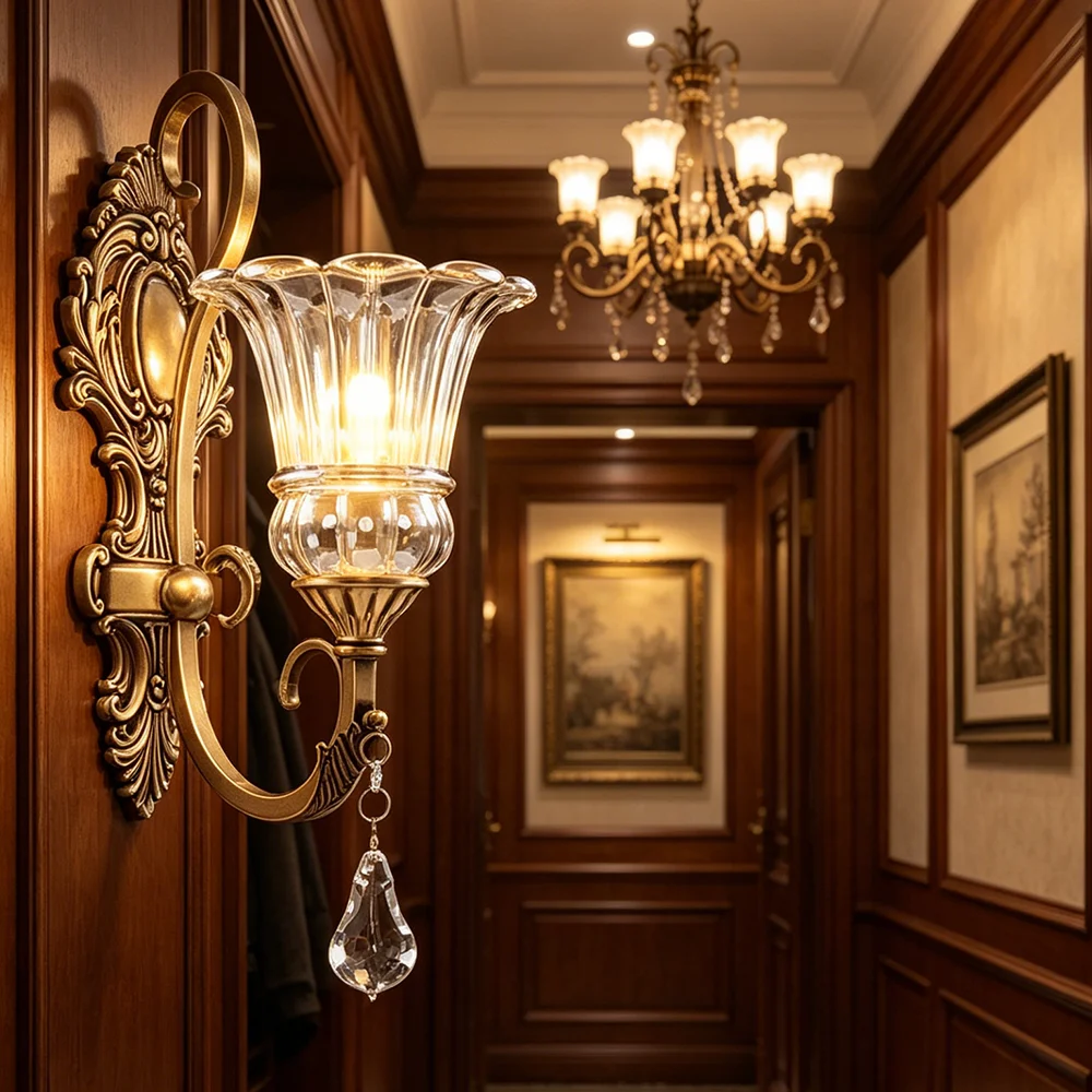 Vintage Brass Ornate Antique Wall Lamp, Crystal Drop, Clear Glass Shade for Living Room & Bedroom