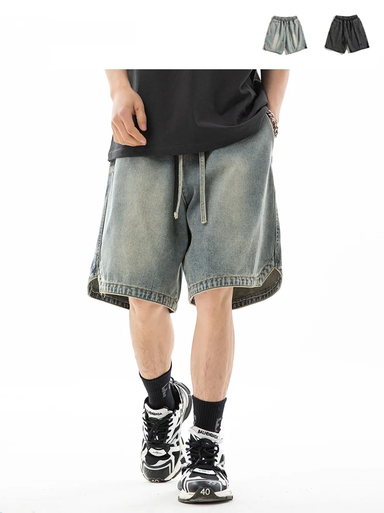 

Wukong Has Goods American Retro Waed Straight Leg Jeans orts Men Trendy Brand Hip Hop Street Loose Wide Leg Five Parts Pants