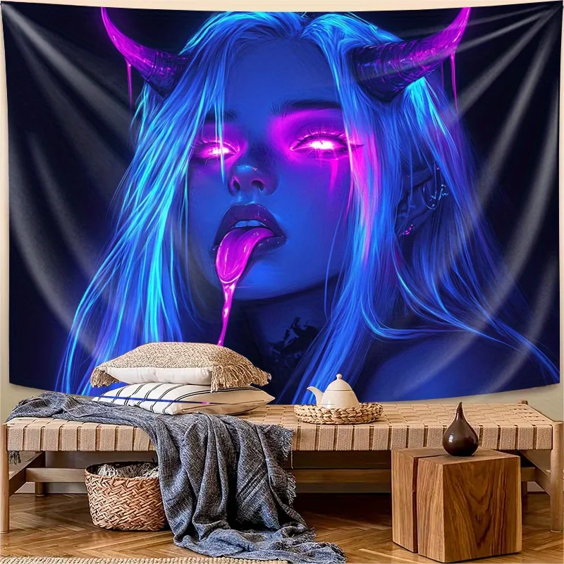 VIKAMA Evil Demon Girl Neon-Wandteppich – Cyberpunk-Stil, perfekt für E-Sport-Räume, Schlafzimmer und dunkelthemaiges Dekor