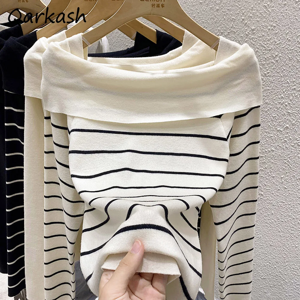 T-shirts Women Ulzzang Elegant Long Sleeve Slim Autumn Tops Striped Contrast Color Off Shoulder Unique Hipster Vitality Youthful