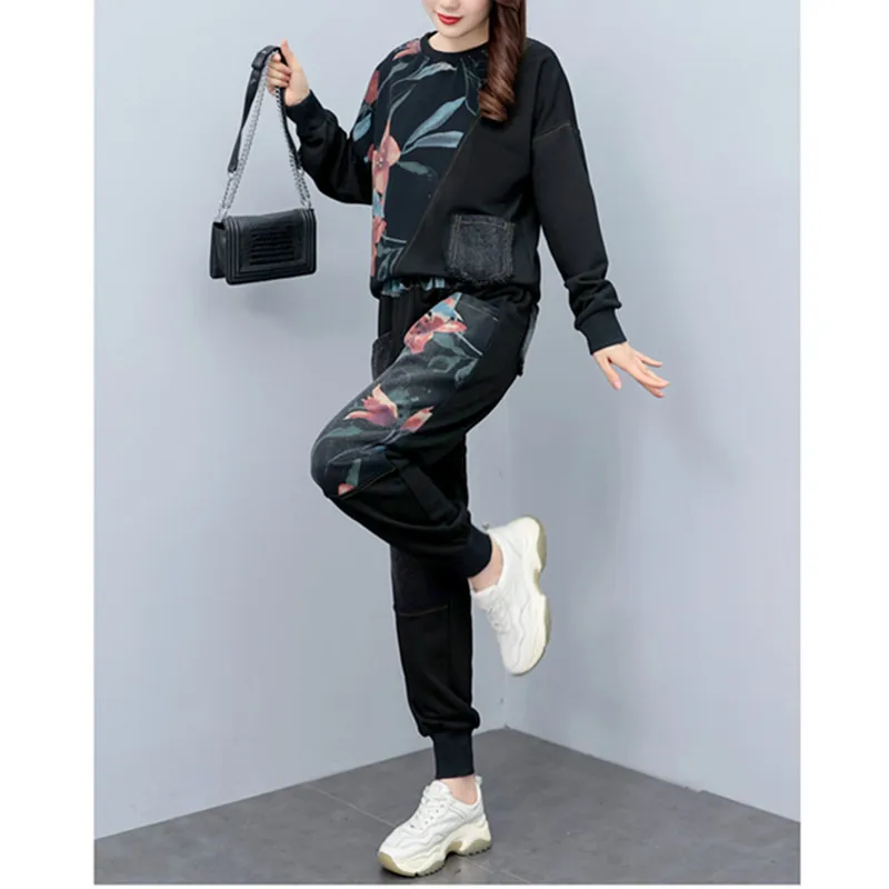 Casualowe bluzy damskie 2024 Jesień Zima Nowa Mama O-Neck Pullover Tops + Modna dżinsowa bluza z kapturem Dwuczęściowy zestaw strojów W129