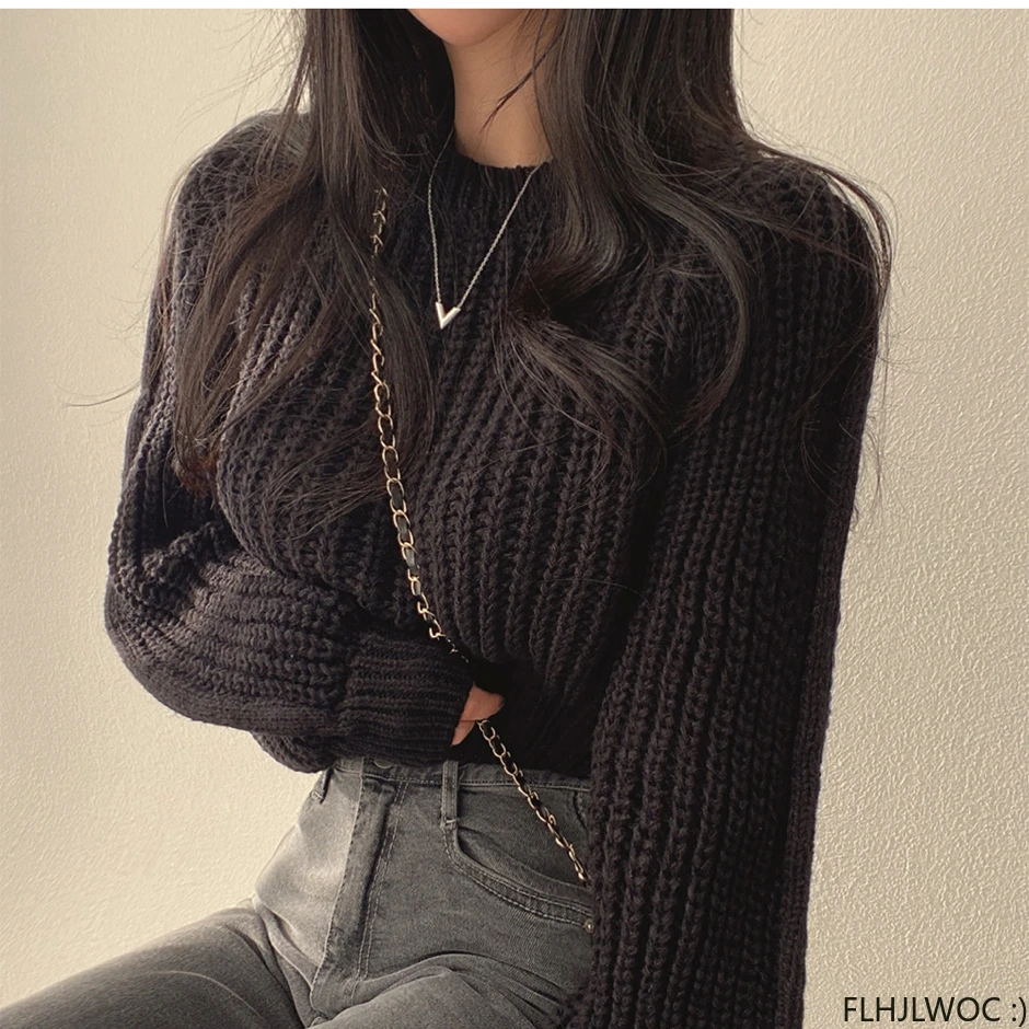 4 Colors 2023 Winter Autumn Knitted Sweater Pullovers New Design Cute Sweet Japan Girls Solid O Neck Short Crop Knit Tops