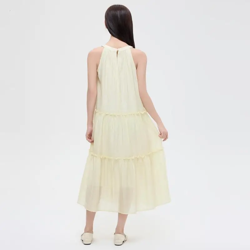 Women's Light Green Sleeveless Halter Neck Tiered Ruffle Maxi Dress 3D Flower Decor Loose Casual Gauze Dress