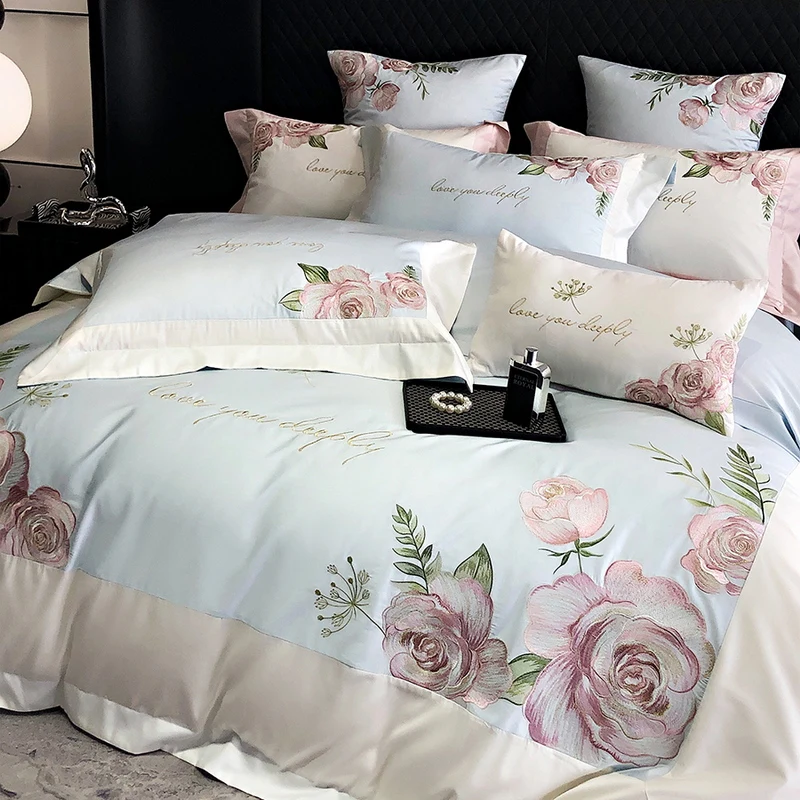 Floral Embroidery Bedding Set, Egyptian Cotton Duvet Cover, Fitted Bed Sheet, Pillowcases, Mattress Cover, Home Textile, Luxury