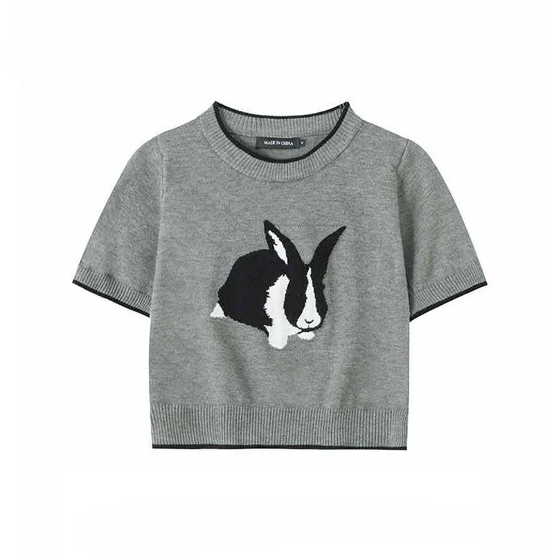 

Sweet Hot Girl Japanese O-neck Short-sleeved T-shirts Women's Summer Rabbit Jacquard Slim Fit Short Knitted Tops Female Clothing