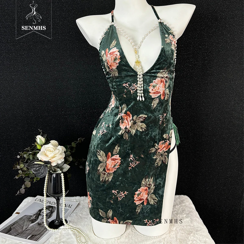 

SENMHS Green Vintage Chinese Qi-pao Sexy Miniskirt Cosplay Cheongsam Slim Split V-neck Dress Costume Exotic Pearl Pajamas