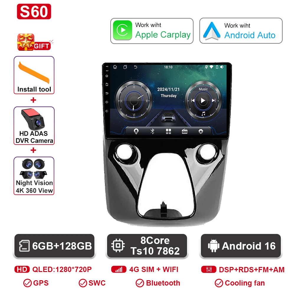 Autoradio Android navigatie GPS Android Auto stereo Carplay scherm No2 DIN DOM voor Toyota Aygo Peugeot 108 Citroen C1 2016-2020