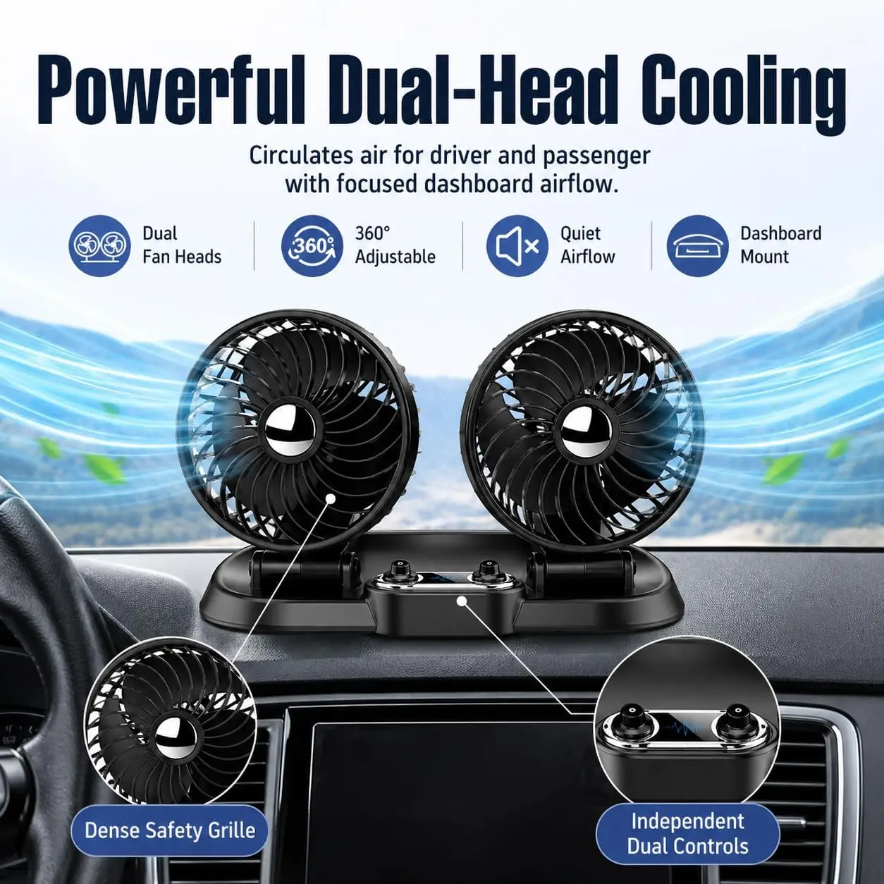 

Dual Head Car Fan, 360° Rotatable & 180° Adjustable USB Car Cooling Fan With Dense Safety Grill, 2.4A USB Powered Portable Auto