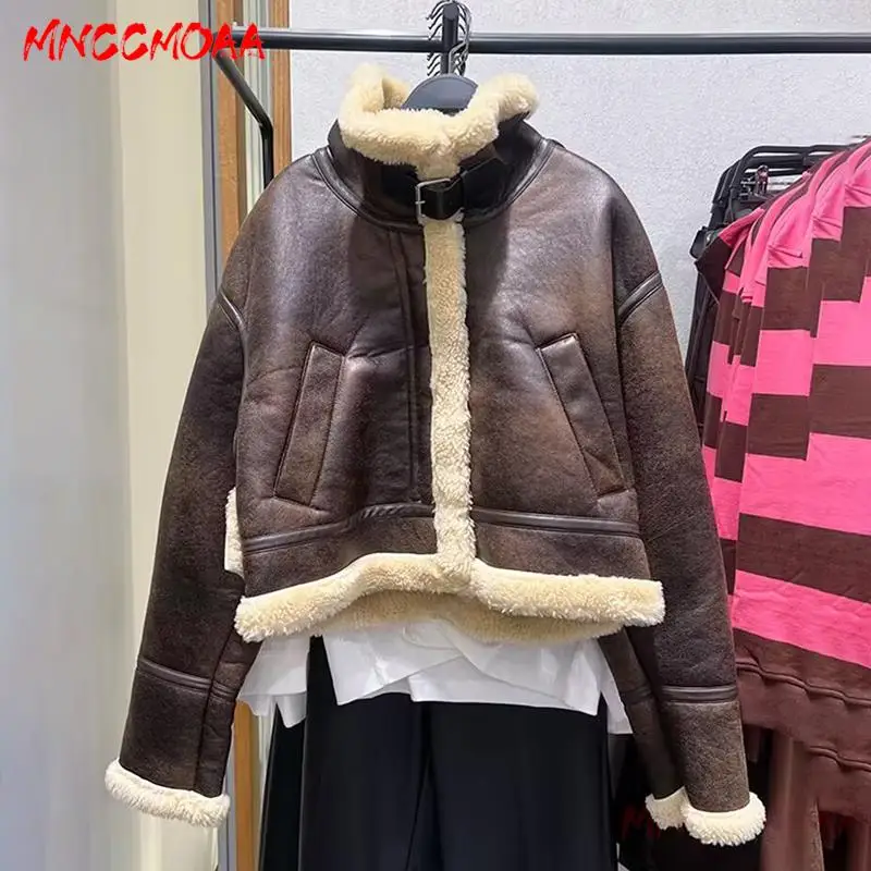 MNCCMOAA-Veste en faux cuir vintage épaisse et chaude pour femmes, manteau pour femmes, hauts amples, vêtements d'extérieur solides, mode d'hiver de haute qualité 2024