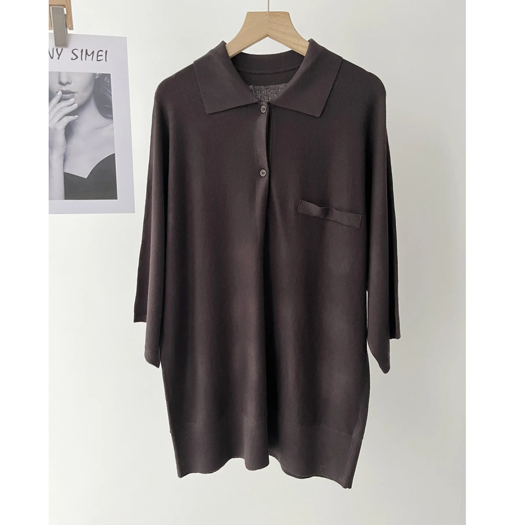 

Women's temperament commuter style retro brown light short-sleeved knitted POLO shirt top 16a-0829