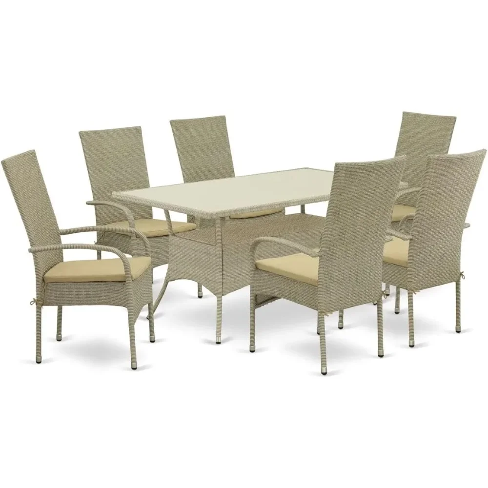 Dining Tables, 7 Piece Patio Furniture Wicker Outdoor Set Consist of A Rectangle Dinings Table with Glass Top, Dining Tables