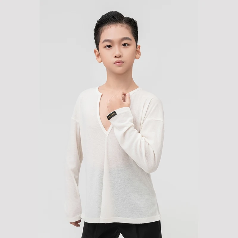 Soft Beige V Neck Latin Dance Tops Boys Long Sleeves T Shirt Practice Clothing Rumba Cha Cha Dance Training Clothes DNV22209