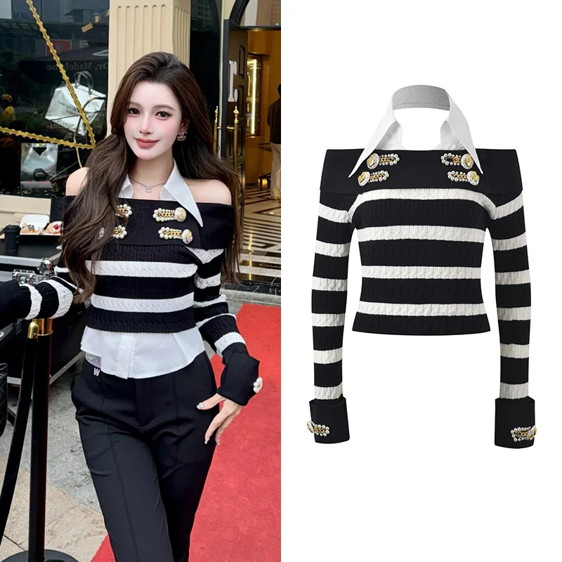 Conjunto de dos piezas de punto a rayas ajustado para mujer, diseño de oulder Baring, Material de seda de hielo suave, Faion