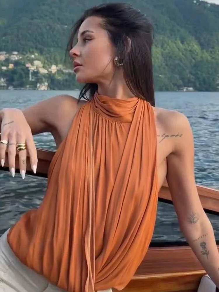Damen-Oberteile, einfarbig, Pullover, Neckholder, Stehkragen, plissiert, rückenfrei, ärmellos, glamourös, locker sitzend, Partykleidung, Strandkleidung – Detail 16