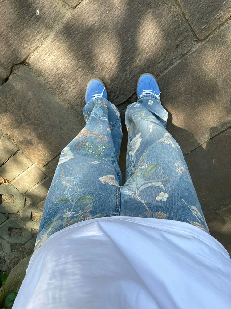 

Мужские джинсы в стиле ретро с цветочным принтом, свободные прямые брюки в пол, модный бренд, осенняя коллекция