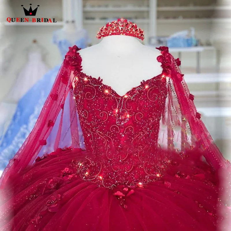 ชุดเดรส vinceanera ประดับด้วยลูกปัดสีแดง3D ดอกไม้ชุดไปงานเต้นรำชุดเดรส vestido de 15 años quinceanera Princesa สั่งทำได้ LJ16