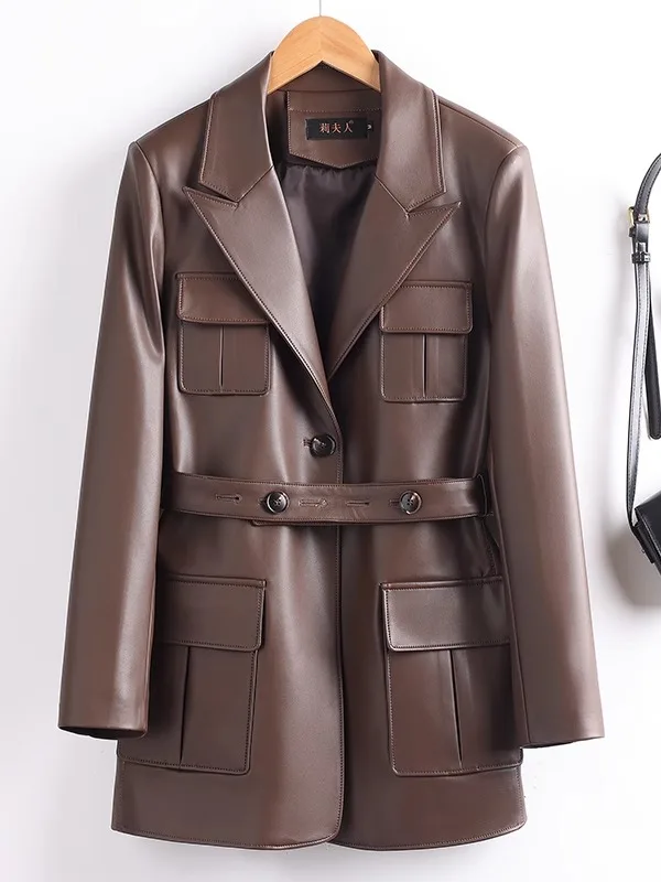 海寧本革コート レディース ミドル丈 2025年春新作 エイプスキン ウィンドブレーカー ウエストシェイプ レトロレザージャケット