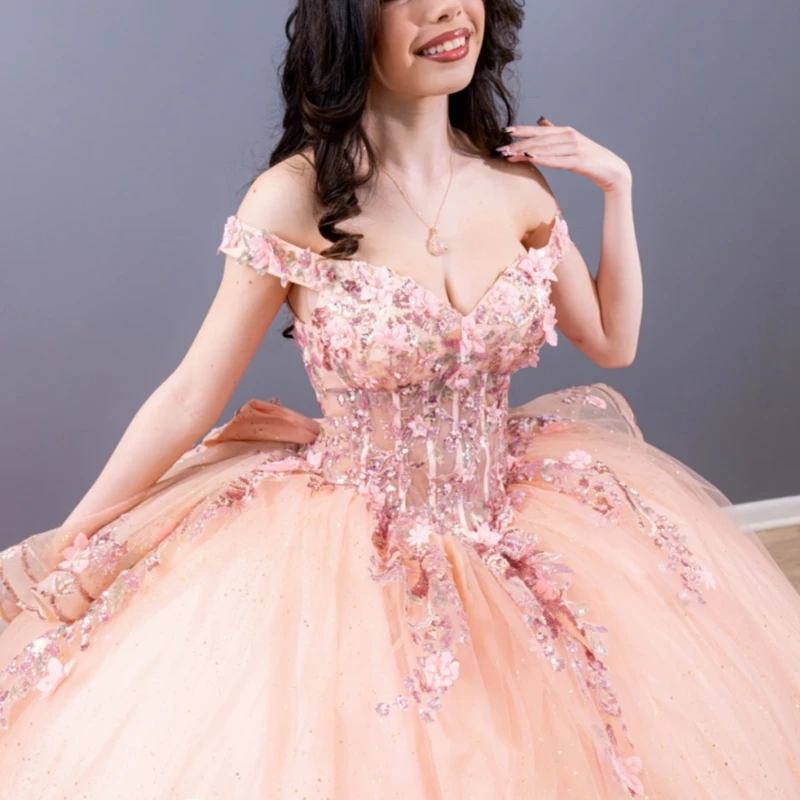 Розовое блестящее платье Quinceanera, бальное платье с открытыми плечами, аппликация с блестками, кружево, бусины, бант, тюль, корсет, милое платье 16, Vestidos 15